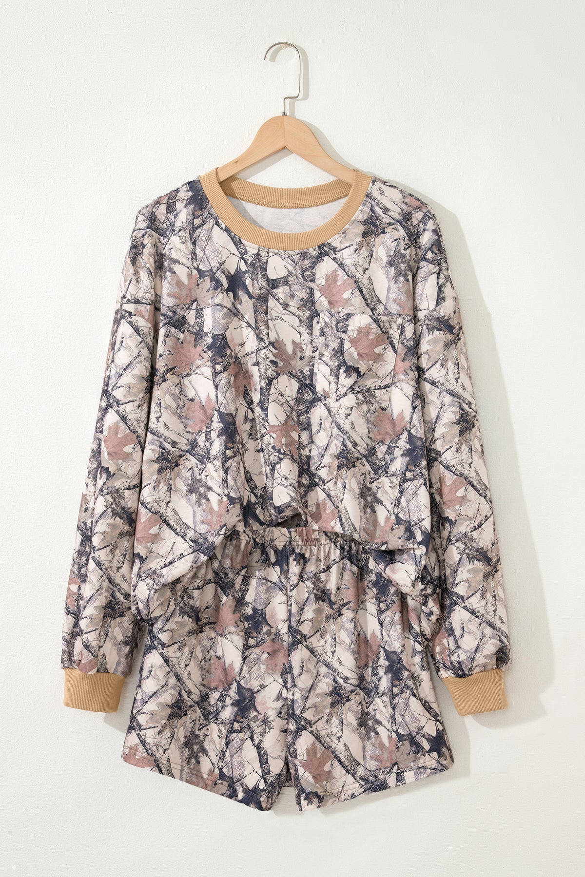 Women's Khaki Woodland Camo Print Long-Sleeve Top Shorts Two-Piece Set
