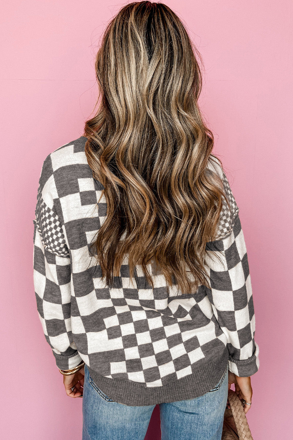 Brown Checkered Print Drop Shoulder Round Neck Sweater