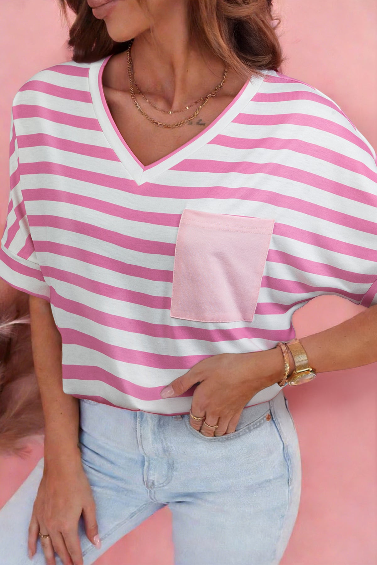 Sky Blue Stripe V Neck Patched Pocket Casual T Shirt