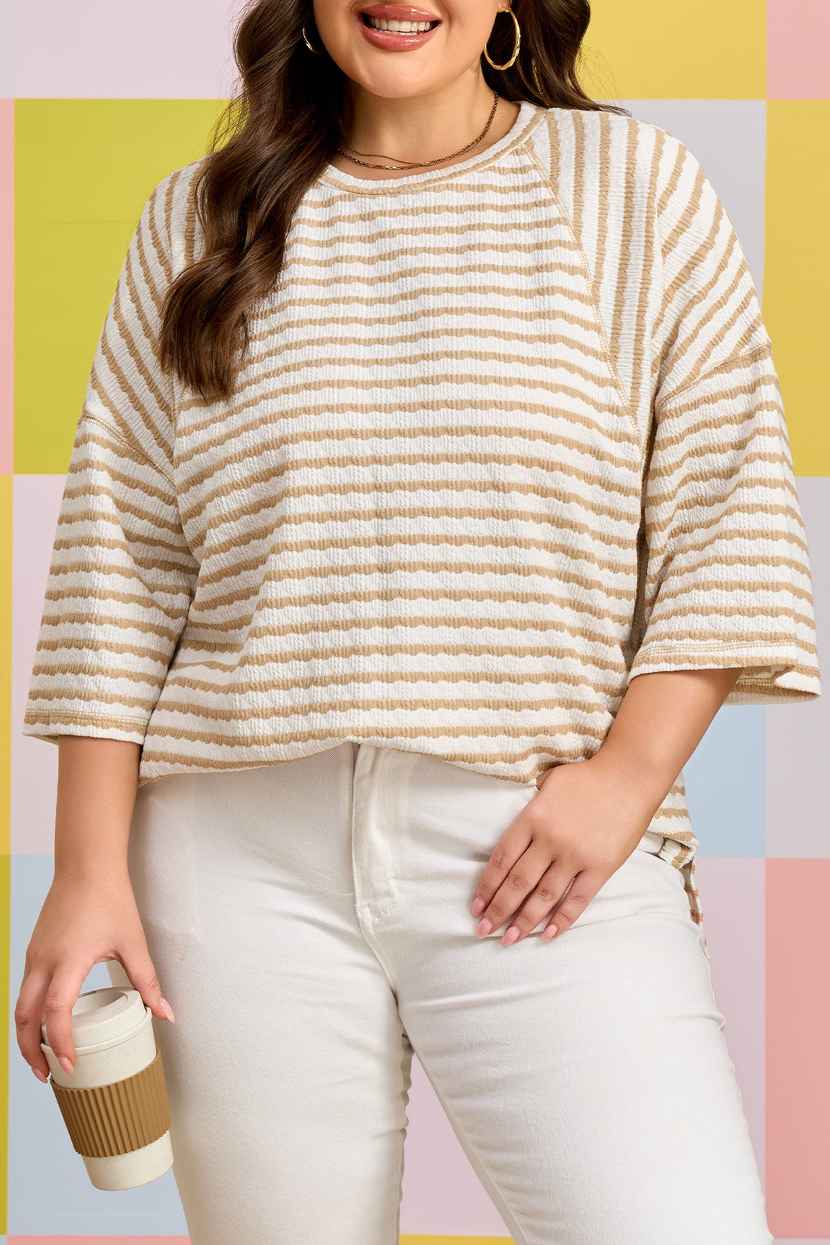 Apricot Stripe Plus Size Textured Patchwork Detail Half-Sleeve Top