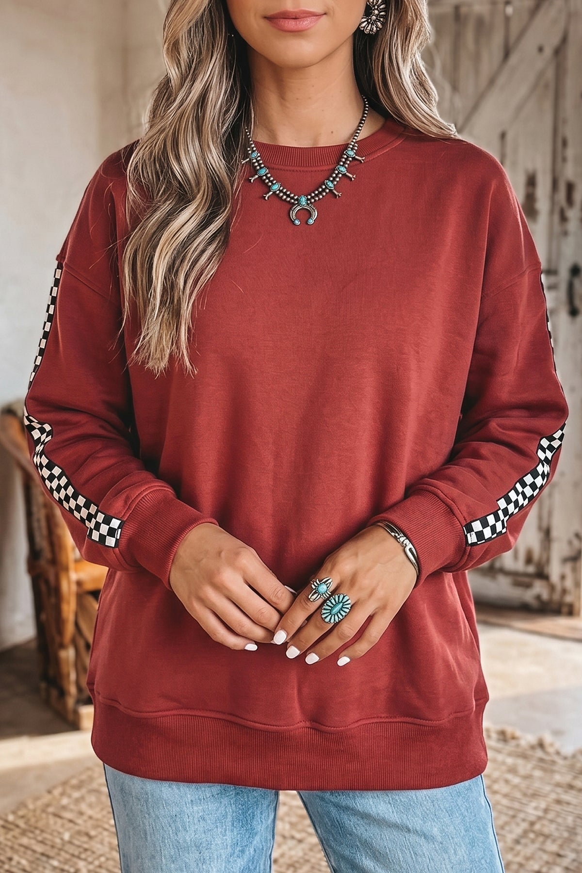 Mineral Red Checkered Trim Long Sleeve Shift Sweatshirt