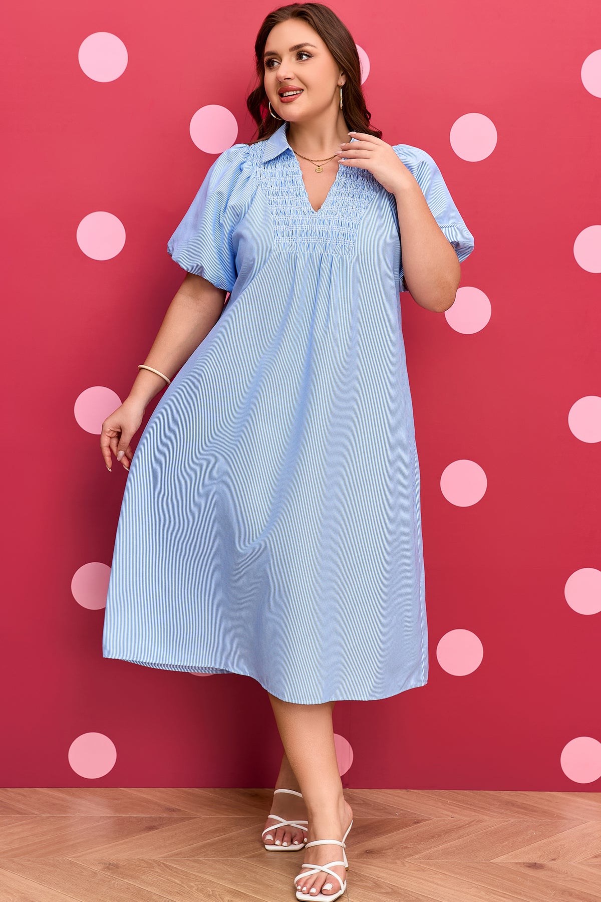 Sky Blue Stripe Shirred Detail Collar V-Neck Plus Size Midi Dress