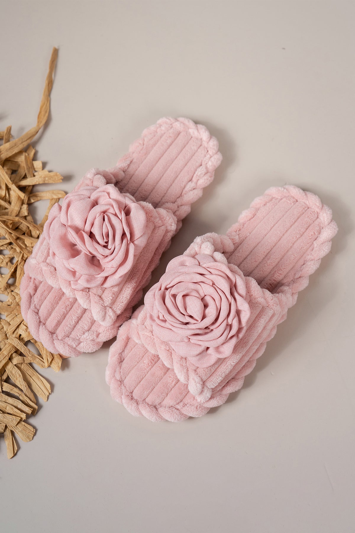 Pink 3D Flower Accent Corded Ribbed Open-Toe Sandals