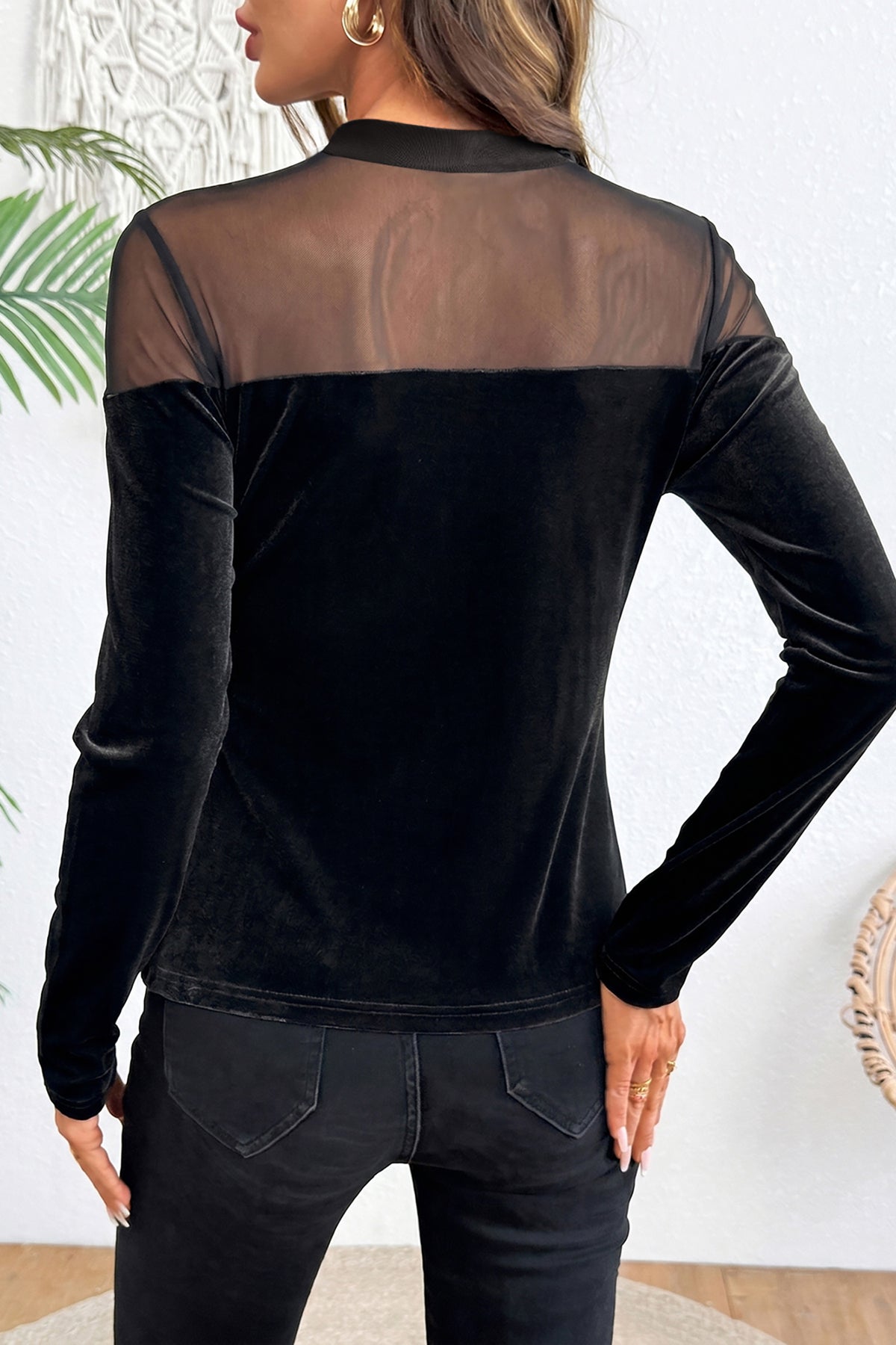 Black Velvet Sheer Neck Patchwork Pullover Top