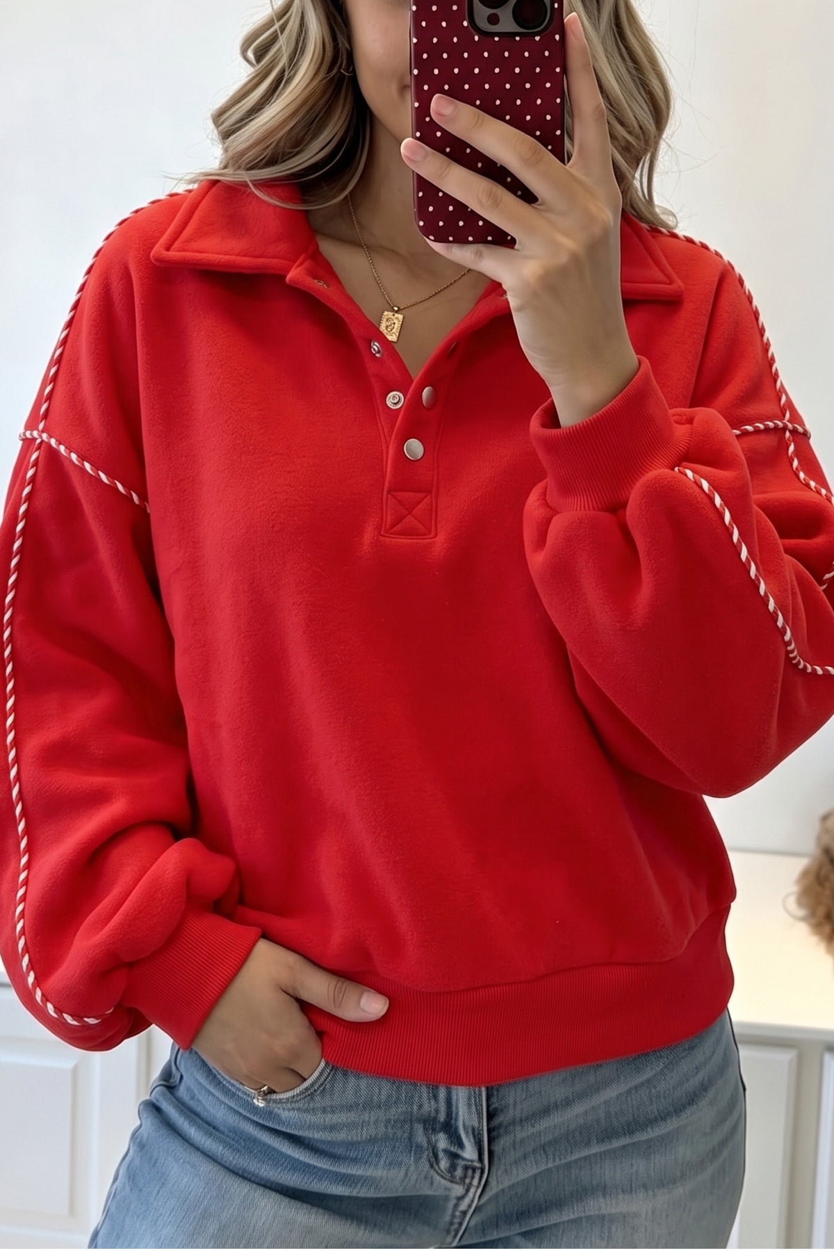 Fiery Red Snap Button Sleeve Candy Cane Lane Pullover Sweatshirt