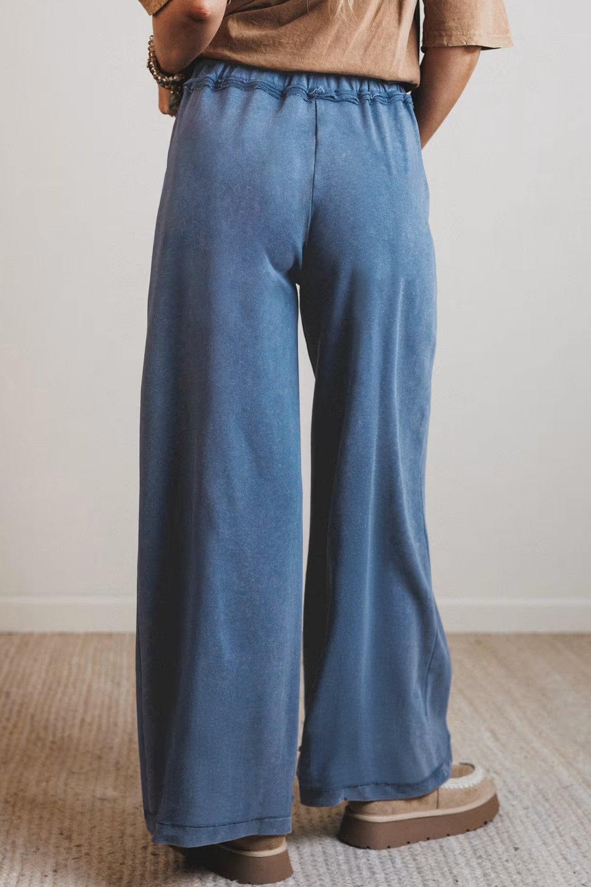 Smoke Gray Mineral Wash Drawstring Retro High Waist Wide Leg Pants