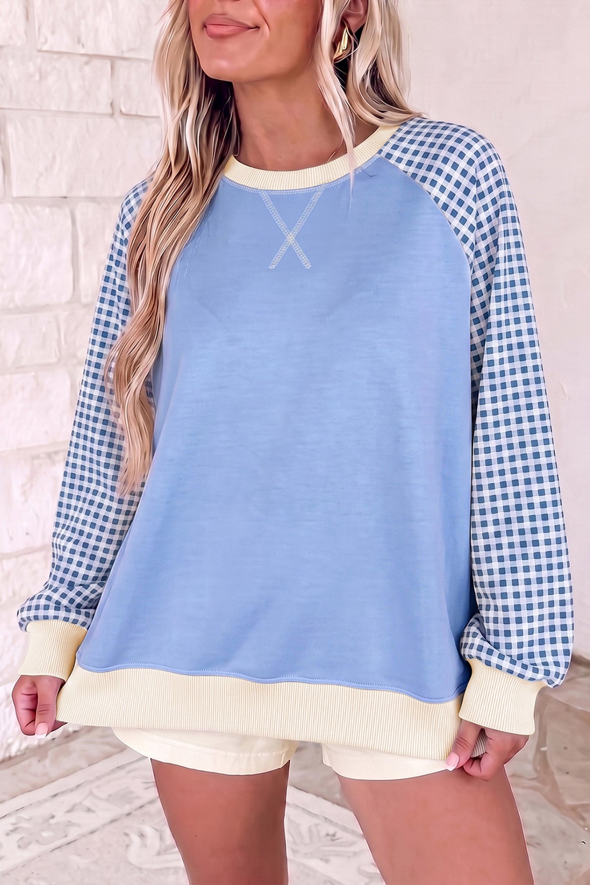 Beige Plaid Sleeve Colorblock Raglan Sweatshirt