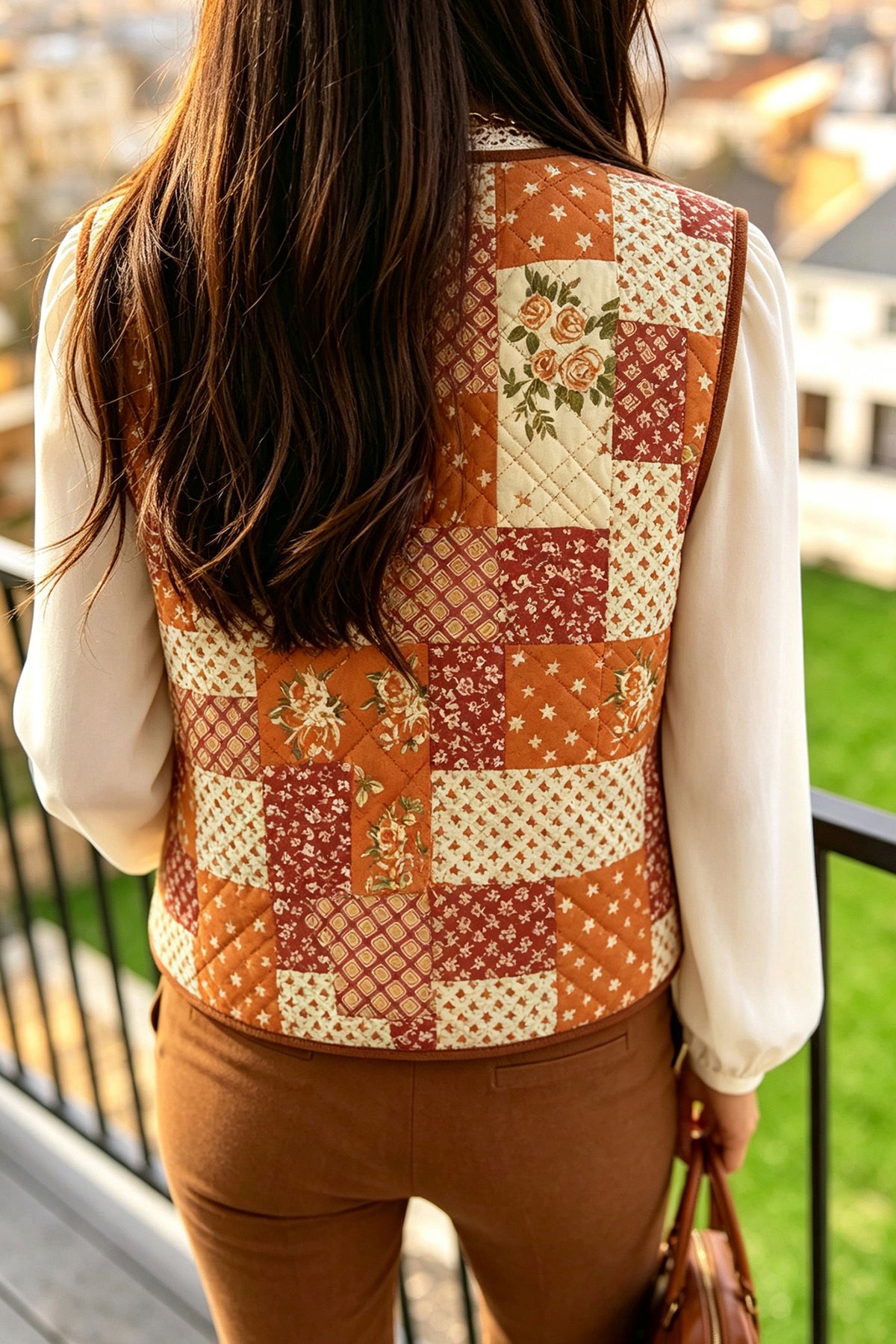 Golden Fleece Quilted Floral Patchwork V Neck Button Vest