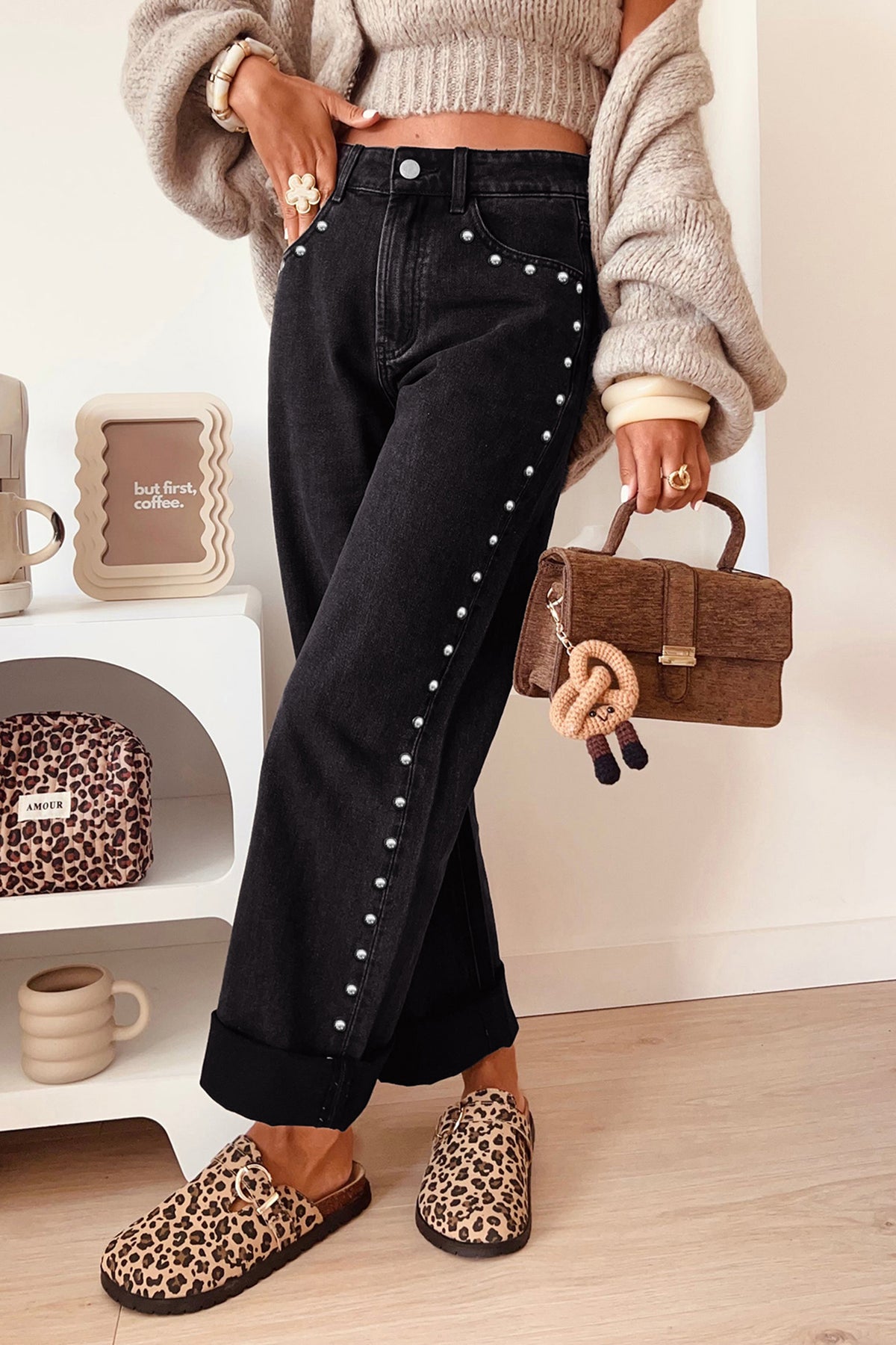 Coffee Studded Straight Leg Casual Loose Jeans