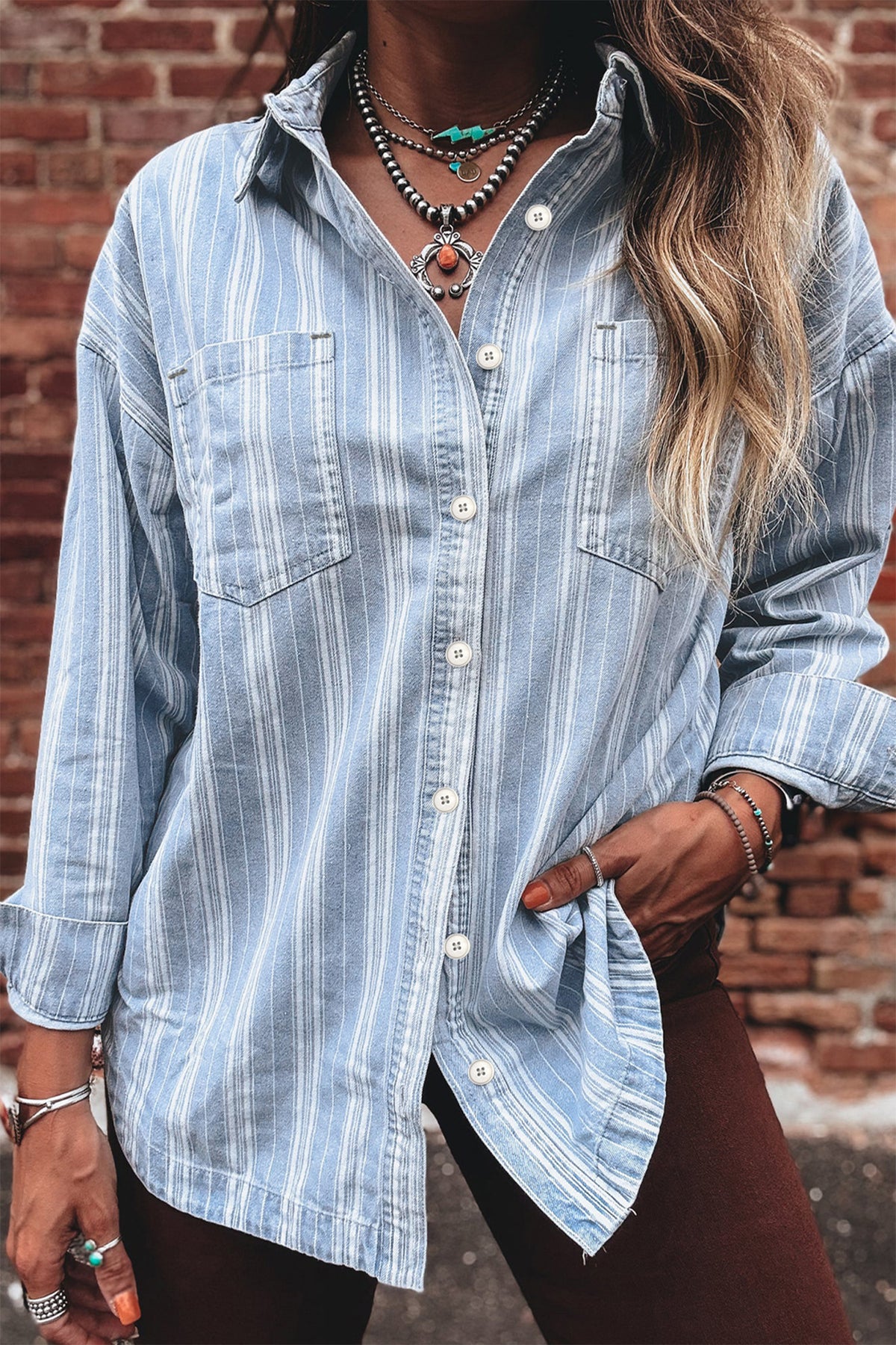 Sky Blue Stripe Boyfriend Chest Pocket Classic Denim Shacket