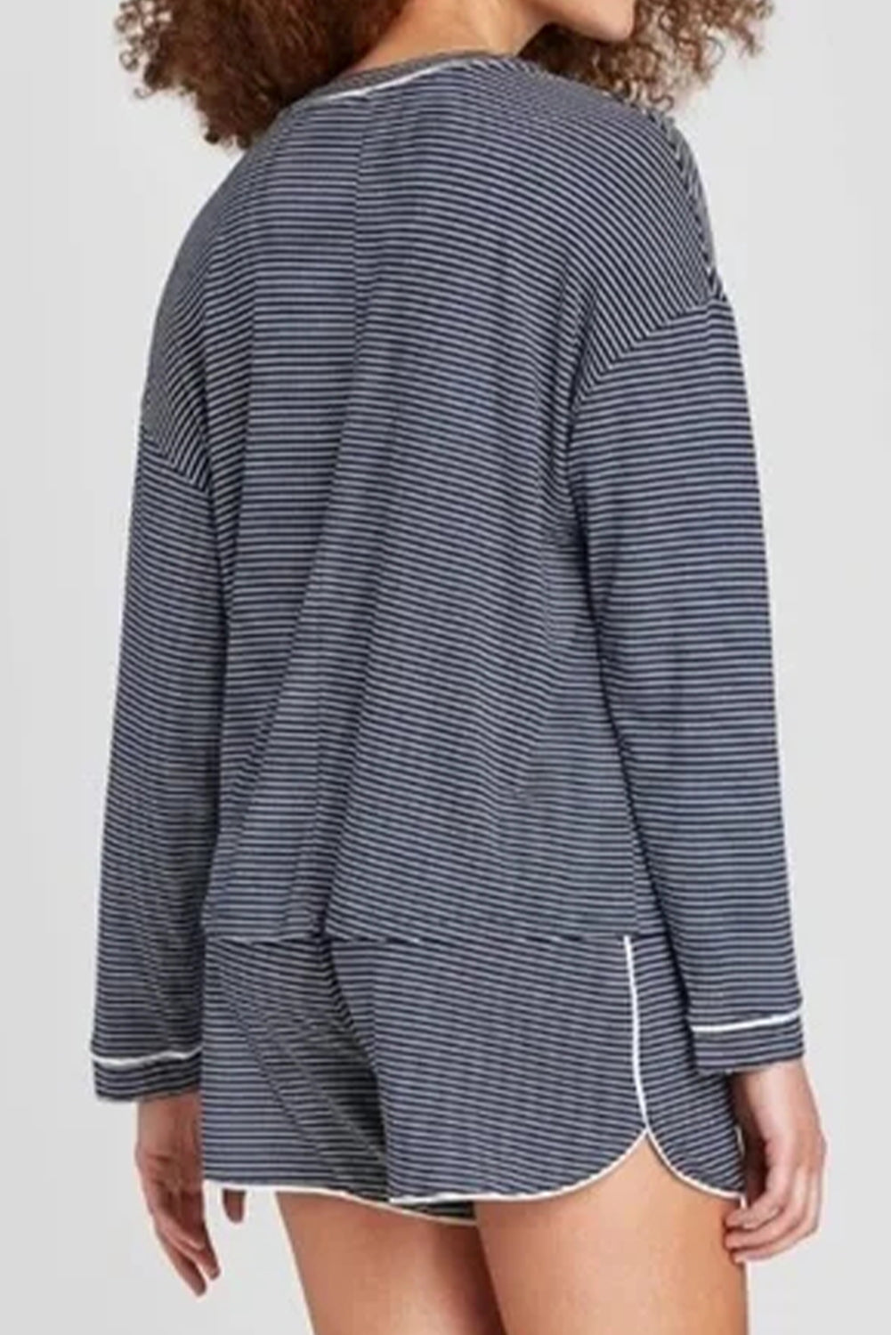 Blue Stripe Long Sleeve Tee and Buttoned Shorts Lounge Set