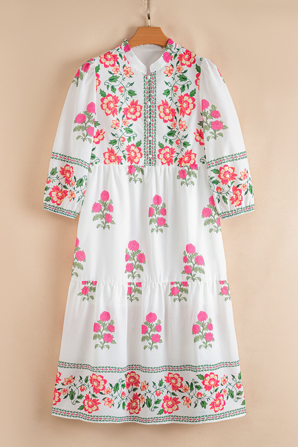 White Floral Print Half Button Mandarin Neck 3/4 Sleeve Maxi Dress
