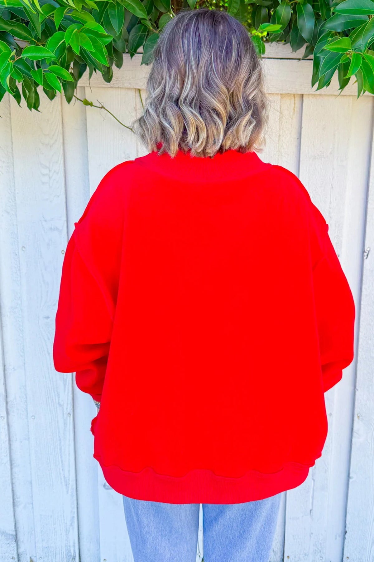 Fiery Red Embroidered Merry Slogan Stand Neck Shift Sweatshirt