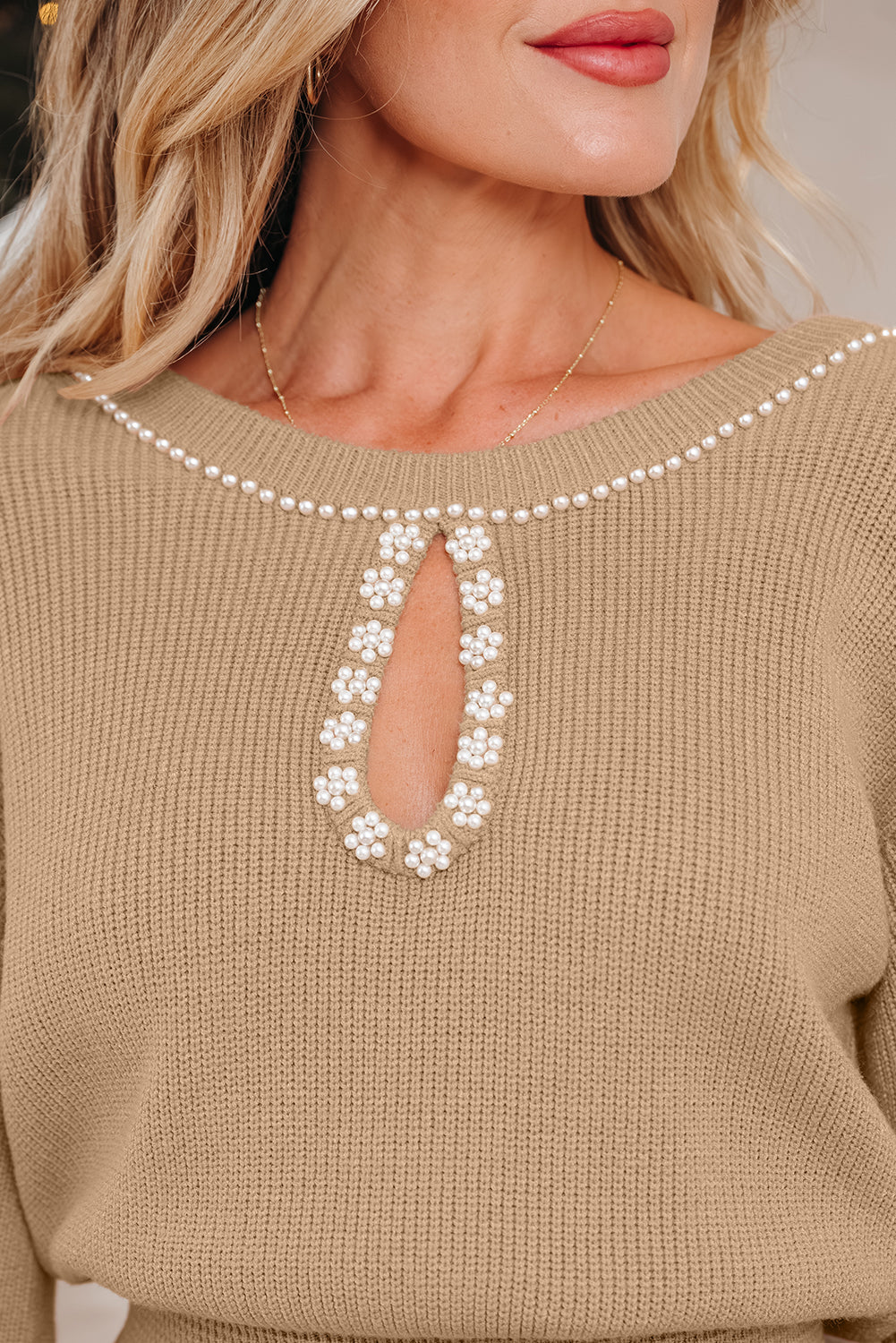 Smoke Gray Pearl Embellished Keyhole Ribbed Sweater Dress