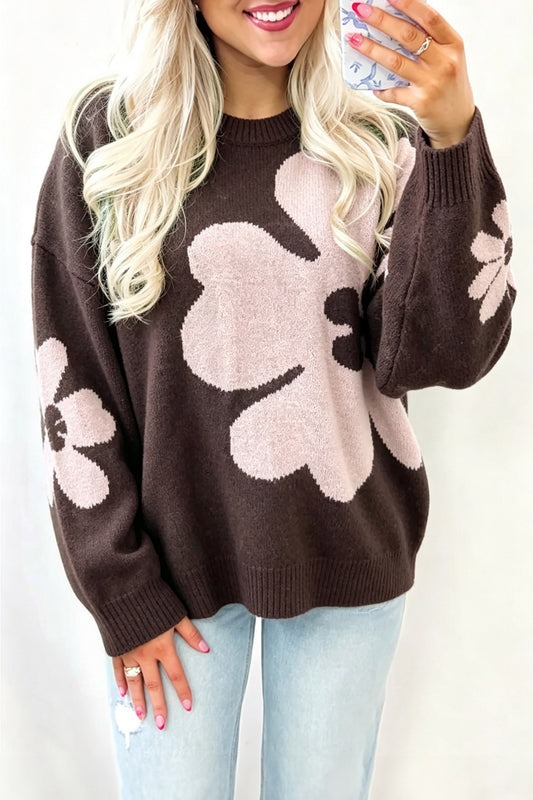 Chicory Coffee Cozy Floral Print Round Neck Dropped Shoulder Sweater
