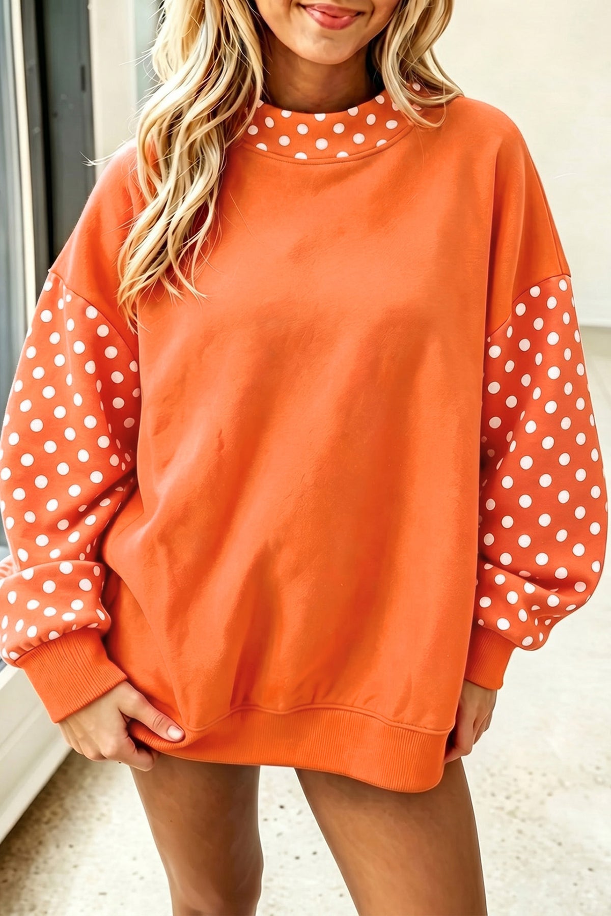 Fiery Red Polka Dot Contrast Long Sleeve Baggy Sweatshirt