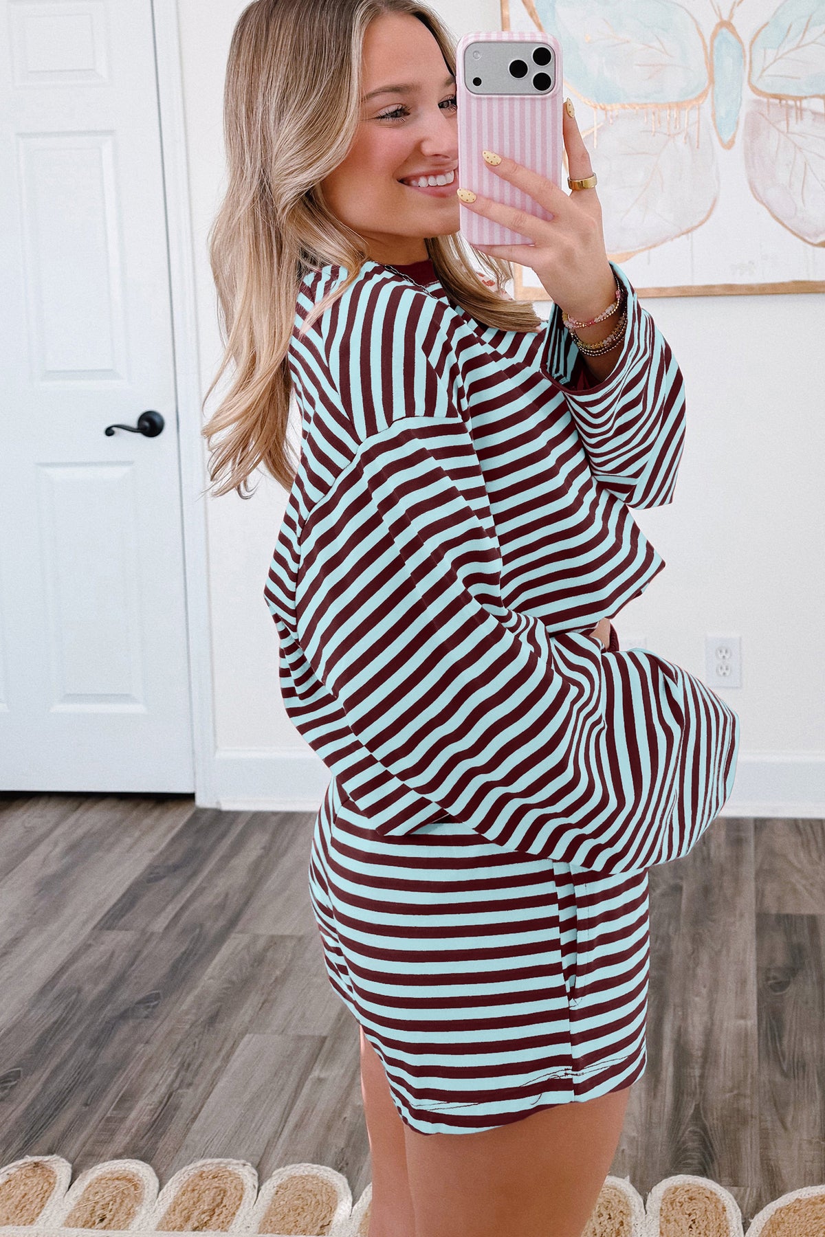 Brown Stripe Puff Sleeve Top and Elastic Waist Shorts Set