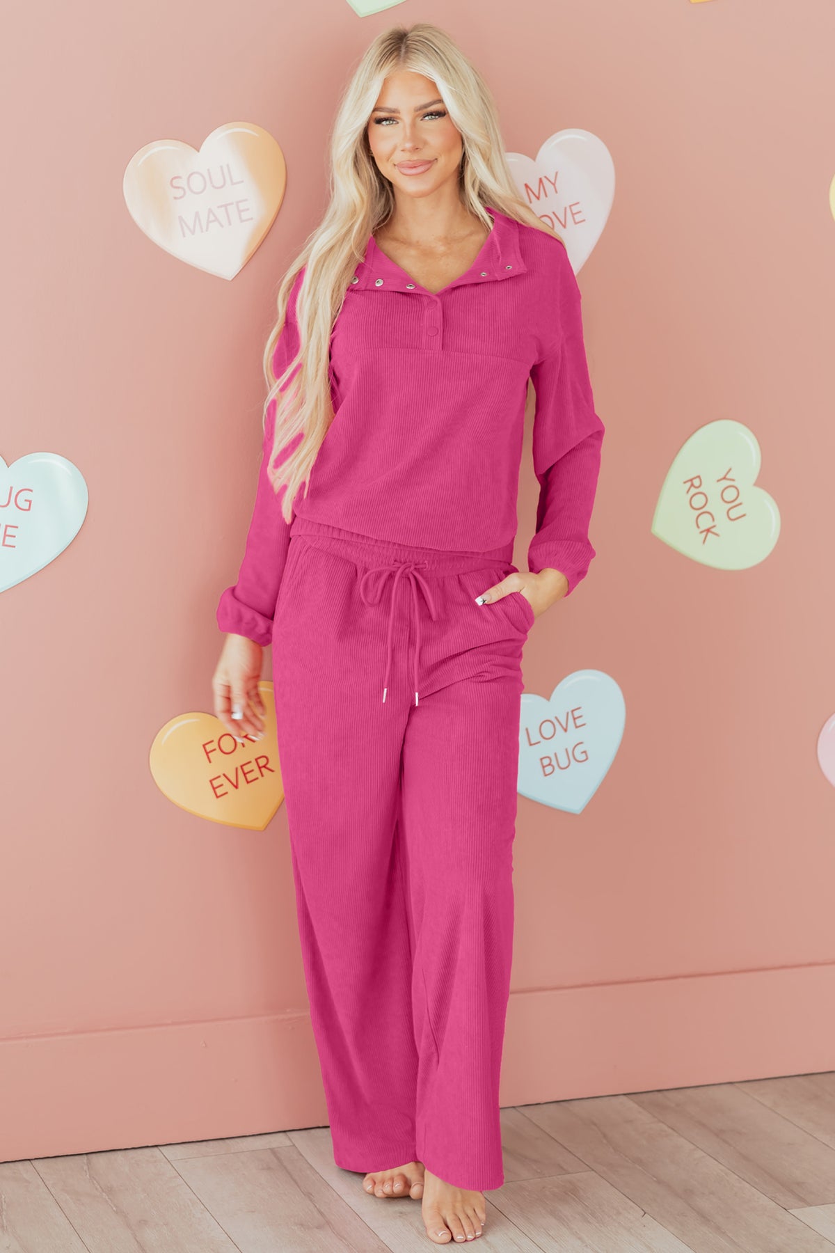 Women's Peach Blossom Half Button Pullover Pants Corduroy Two-Piece Outfit Set