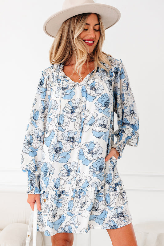 Sky Blue Floral Print Tie Neck Long Sleeve Flowy Mini Dress