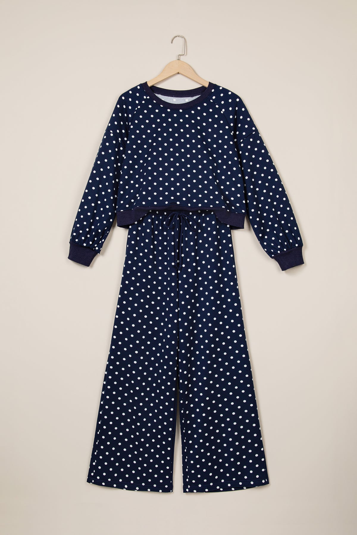 Women's Red Polka Dot Drawstring Wide-Leg Long-Sleeve Top Pants Set