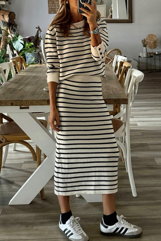 Black Stripe Ribbed Trim Button Cuff Long Sleeve Top Midi Skirt Set