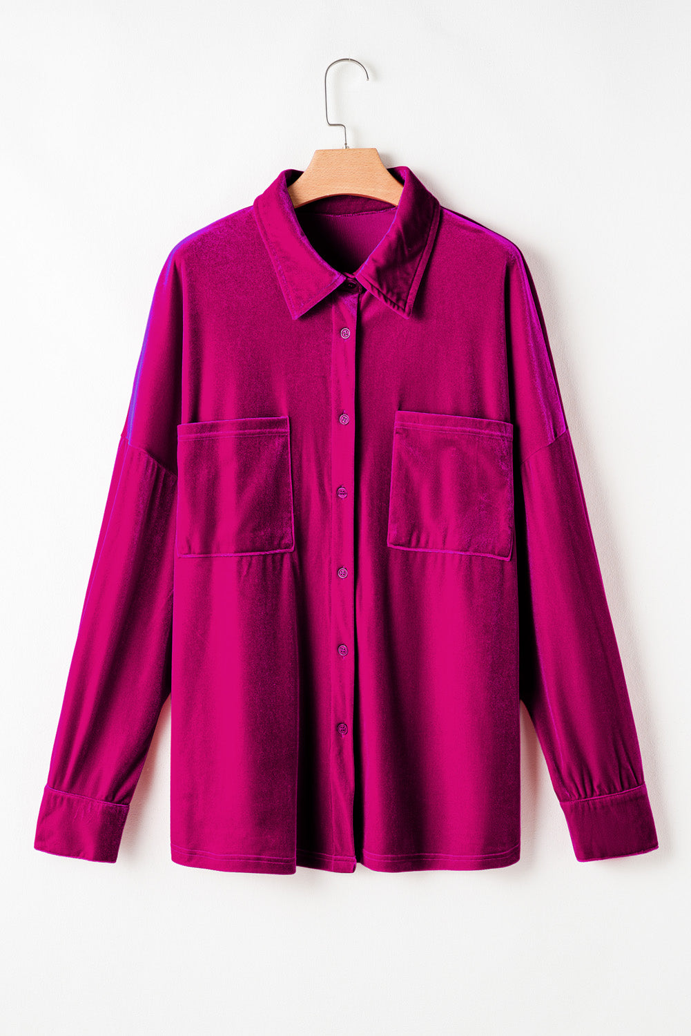 Bright Pink Plus Size Velvet Chest Pocket Drop-Shoulder Shirt