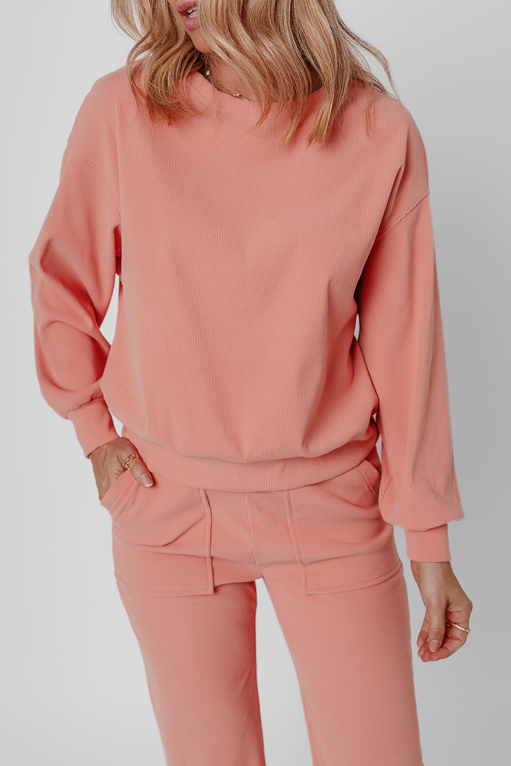 Women's Blossom Ribbed Knit Drop Shoulder Pocketed Two-Piece Lounge Set