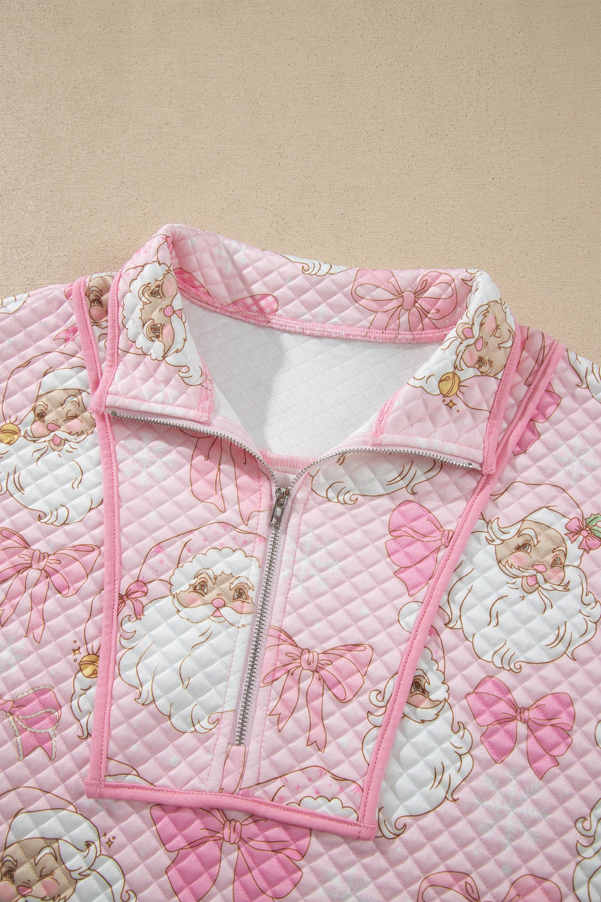 Pink Abstract Christmas Print Zip-Up Collar Sweatshirt