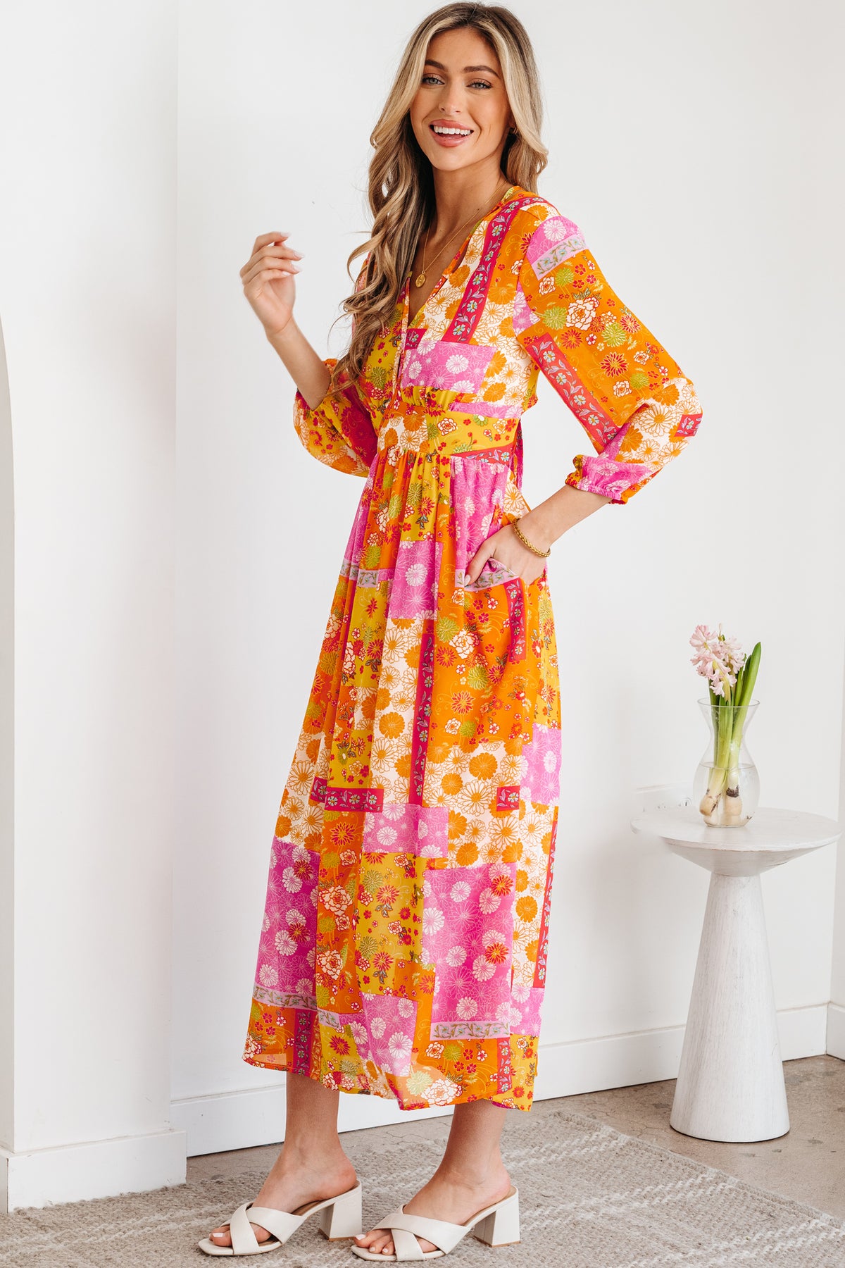 Orange Floral Patchwork Print Cut out Tied Back Bracelet Sleeve Maxi Dress