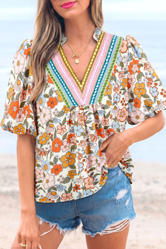 Multicolour Crochet V Neckline Puff Sleeve Boho Flower Blouse