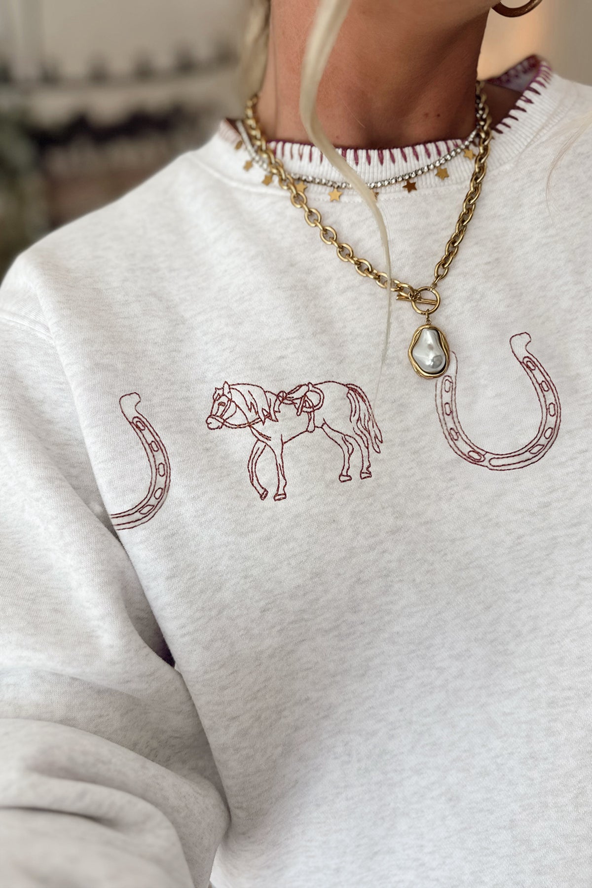 Light Grey Western Print Embroidered Sweatshirt