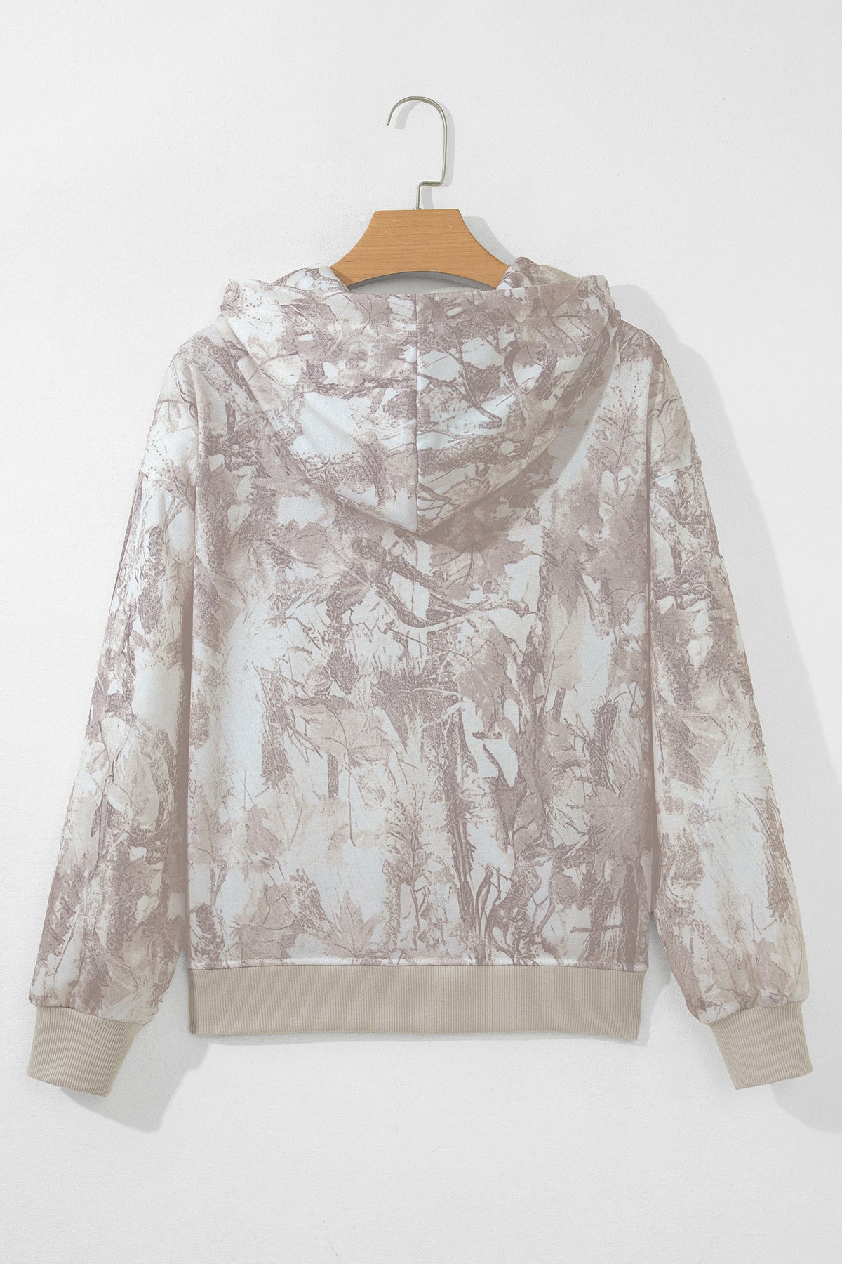 Gray Abstract Print Ribbed Cuffs Hem Hoodie