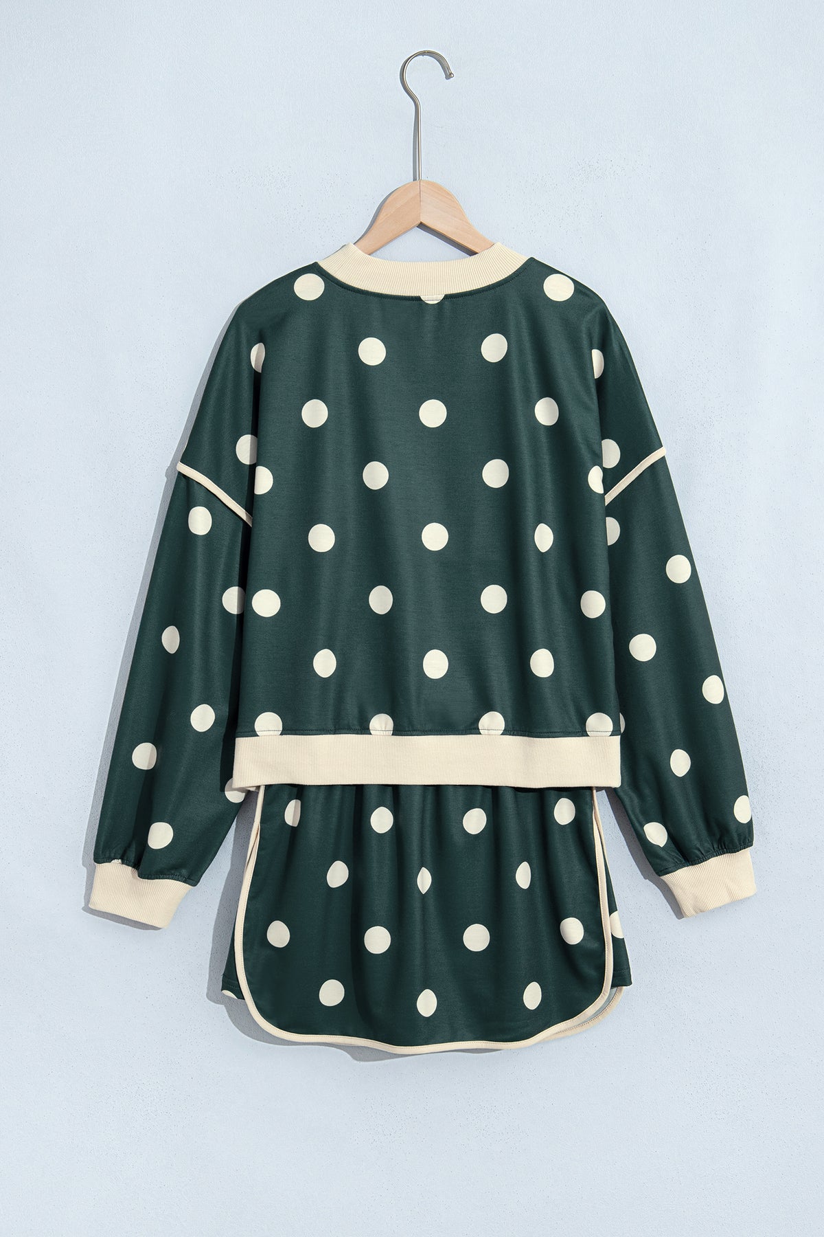 Women's Green Polka Dot Print Color Block Trim Baggy Pullover Drawstring Skort Two-Piece Set
