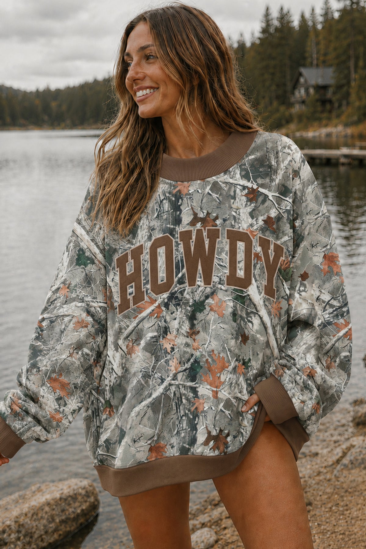 Beige Western Mallard Letter Print Sweatshirt
