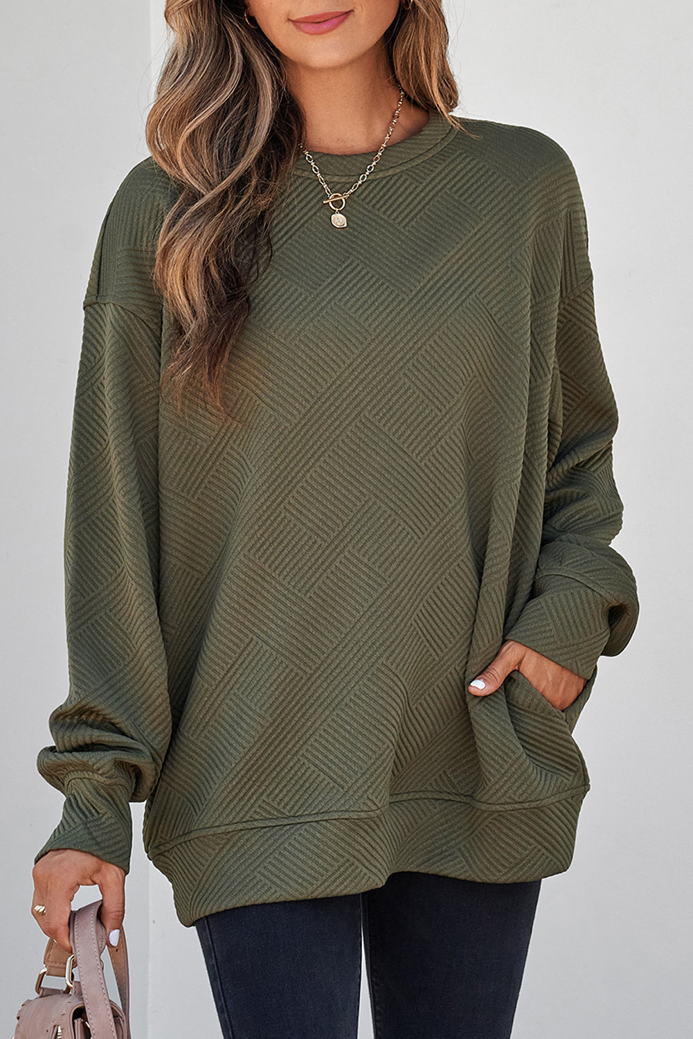 White Solid Color Textured Round Neck Sweatshirt
