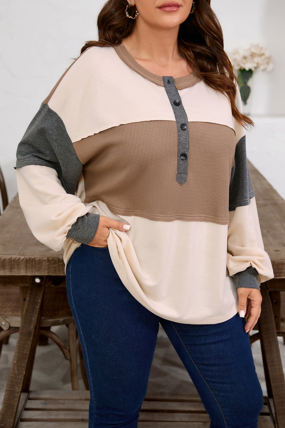 Jet Stream Waffle Patchwork Color-Block Half Buttons Casual Plus Size Knit Jumper