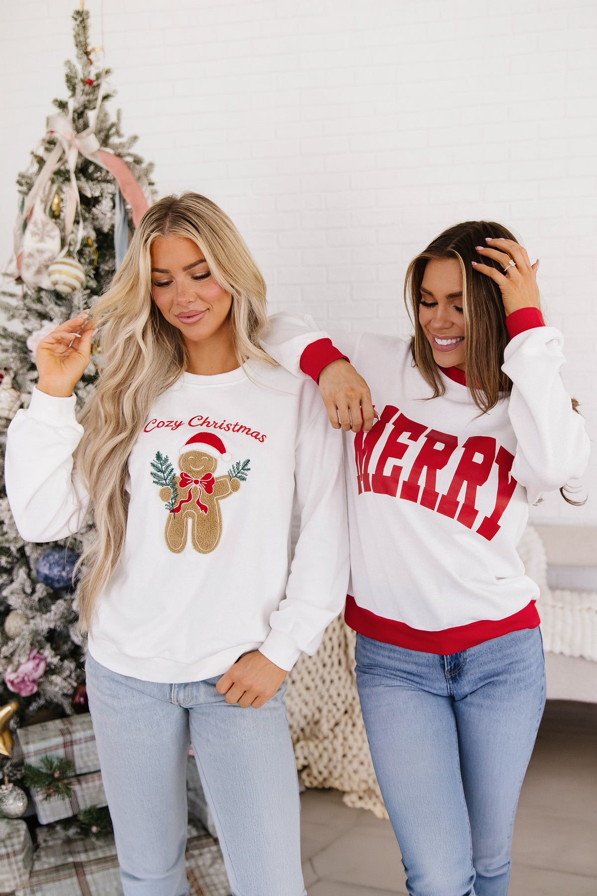 White Embroidered Gingerbread Christmas Long Sleeve Sweatshirt