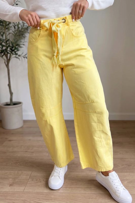 Yellow Solid Grommet Knot Waist Barrel Jeans