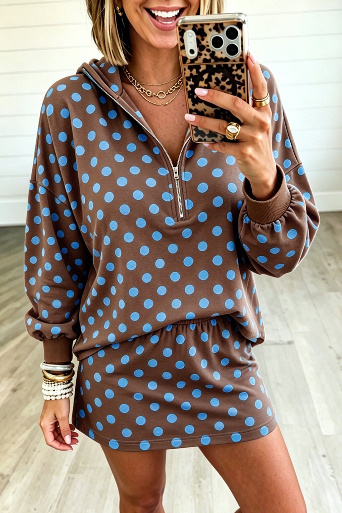 Women's Pink Polka Dot Hooded Long-Sleeve Top Casual Mini Skort Set