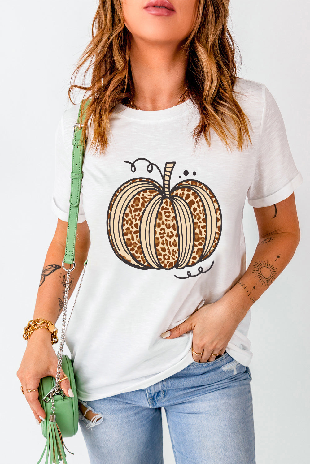 White Leopard Pumpkin Graphic Crewneck Halloween T-Shirt