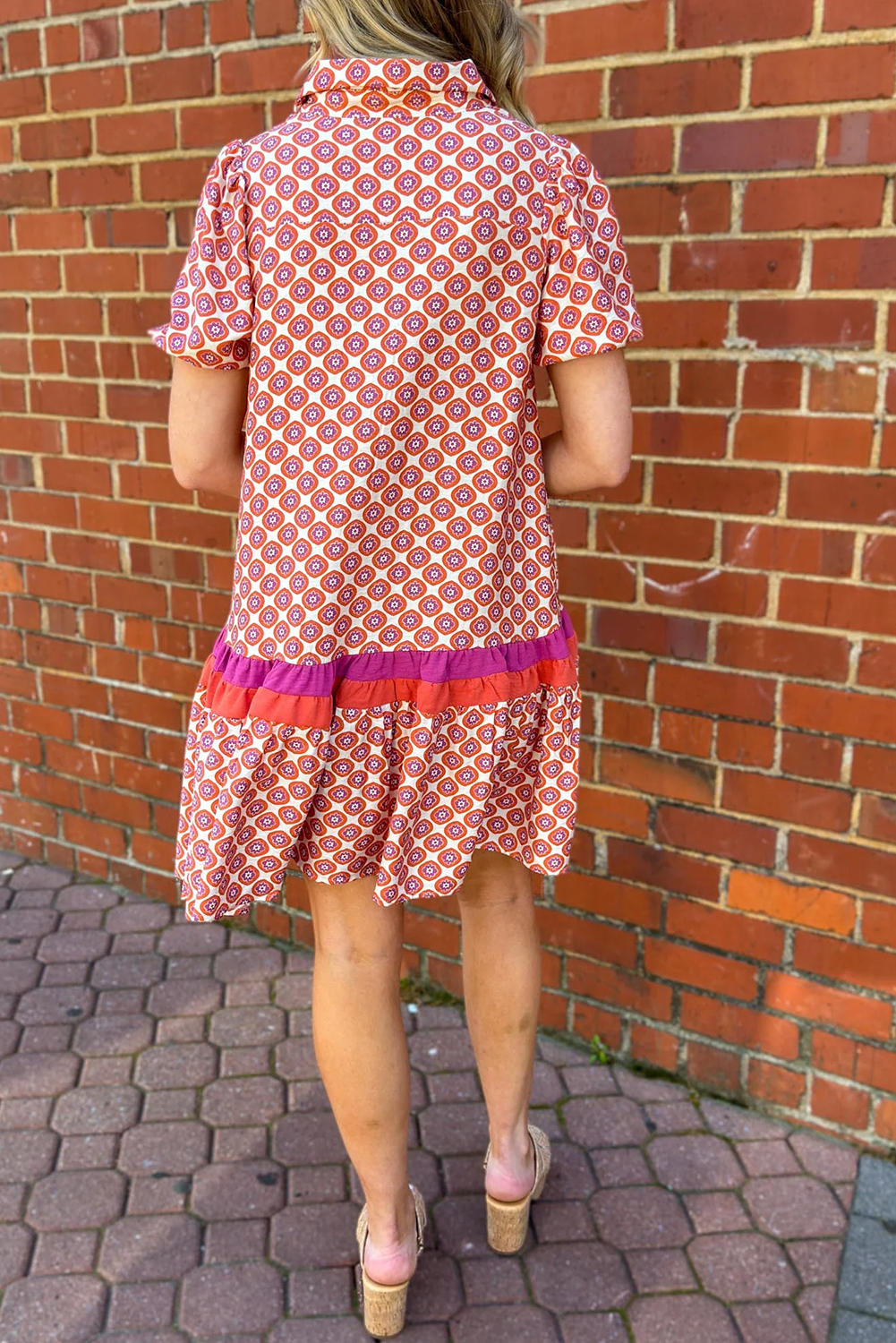 Orange Geometric Floral Print Color Block Trim Ruffle Hem Dress