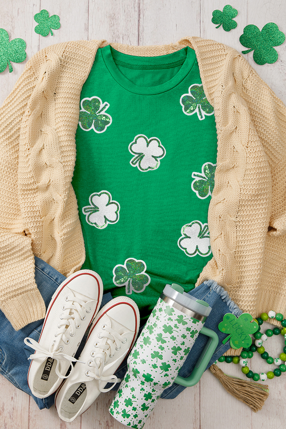 Bright Green St Patricks Sequined Clover Pattern T-Shirt