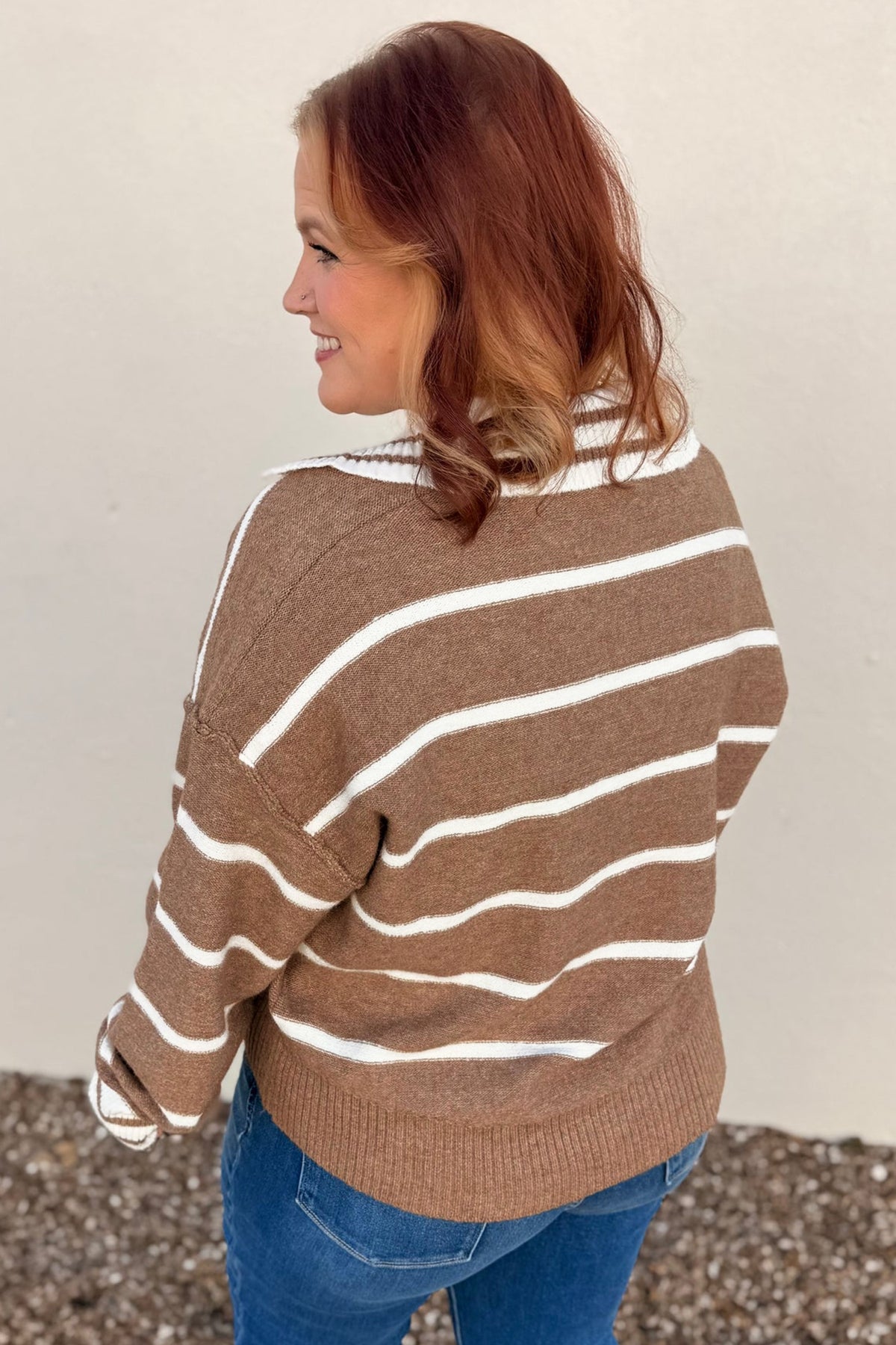 Brown Stripe Striped V Neck Long Sleeve Plus Size Sweater
