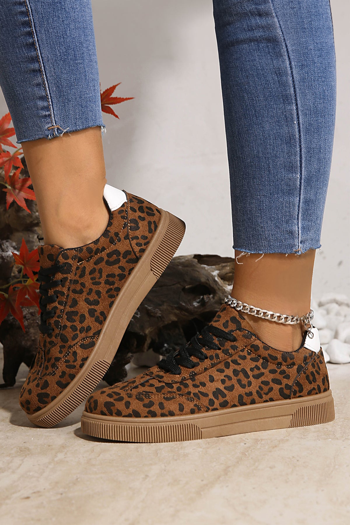 Coffee Leopard Patchwork Lace-Up Sneakers