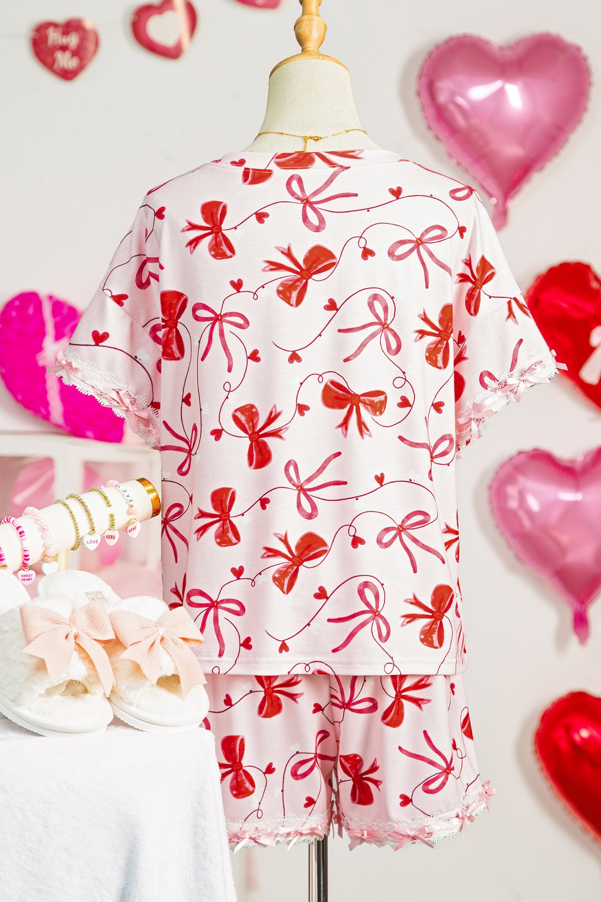 Red Romantic Bow Print Loose Tee Drawstring Shorts Lounge Set