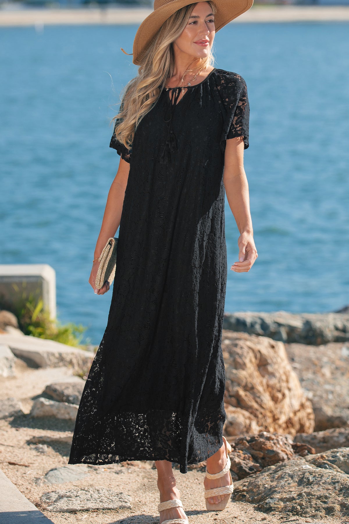 Black Floral Lace Overlay Tassel Tie Beach Vacation Maxi Dress