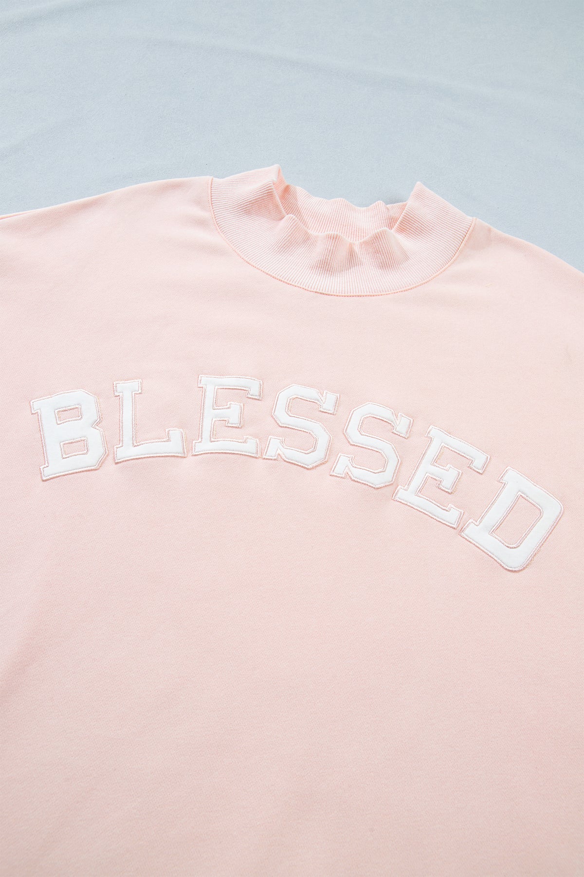 Light Pink BLESSED Embroidered Trim Patch Graphic Plus Size Mock Neck Sweatshirt