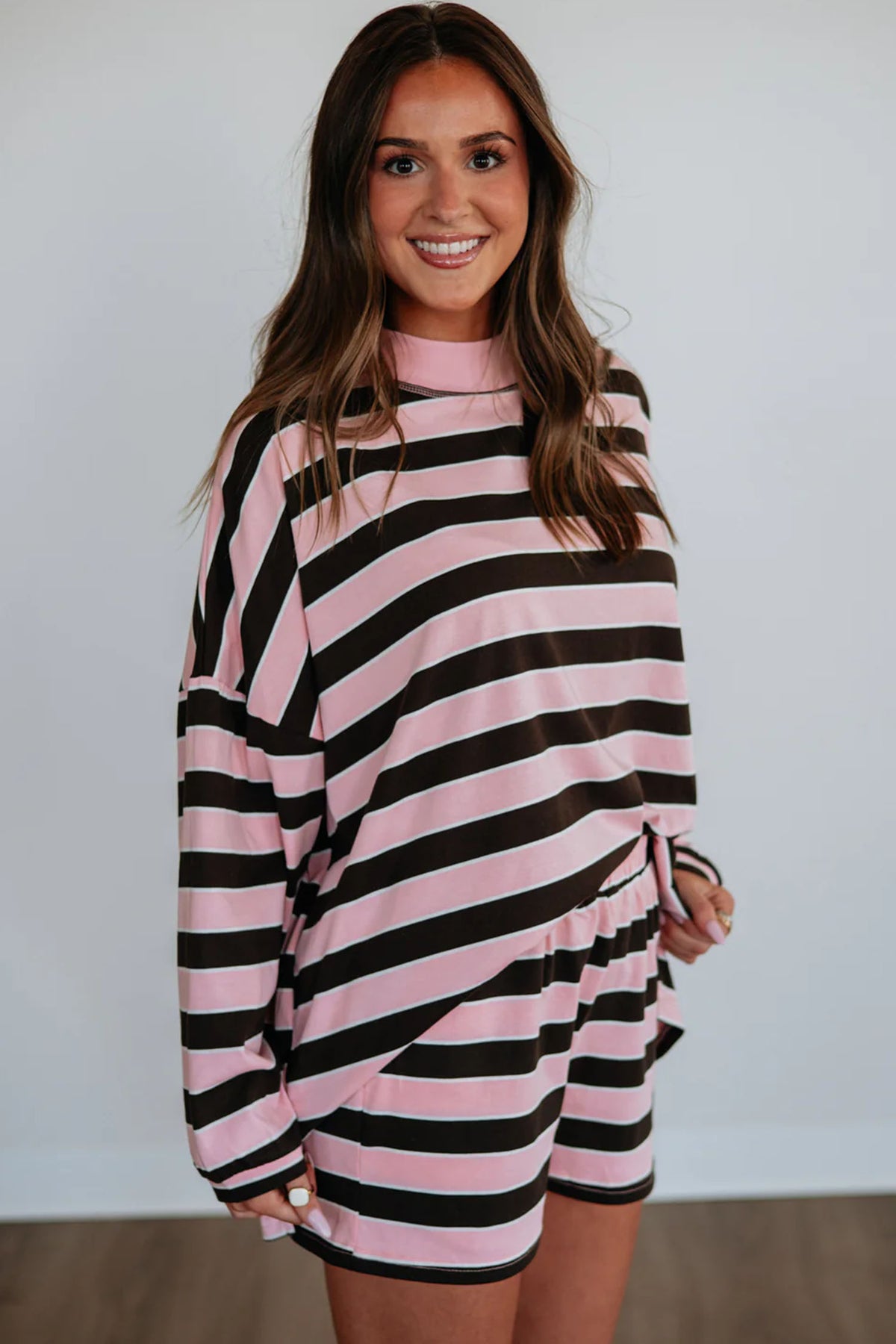 Pink Stripe Oversized Top and Elastic Waist Shorts Set