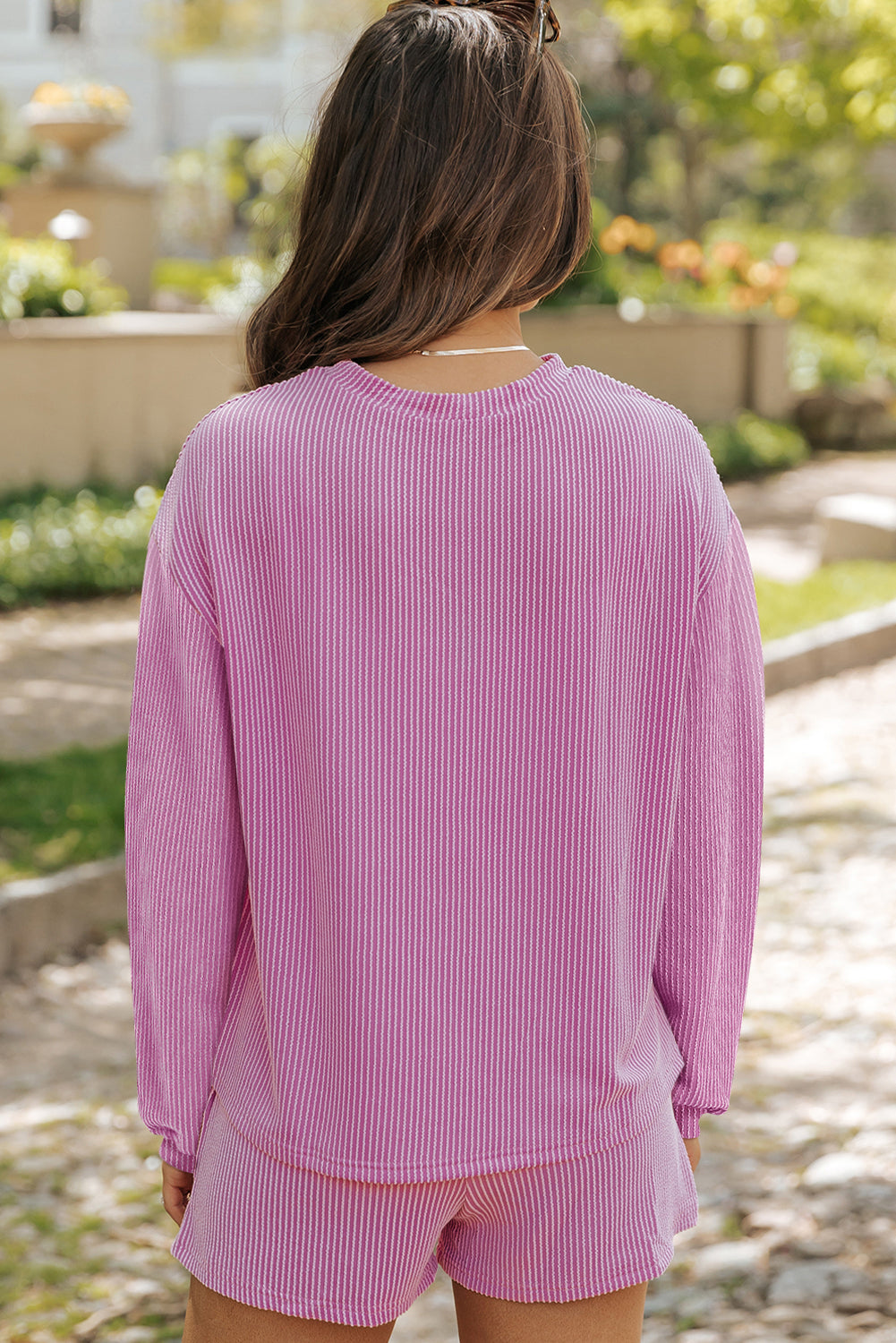 Women's Corded Knit Long-Sleeve Top & High-Waist Shorts Set