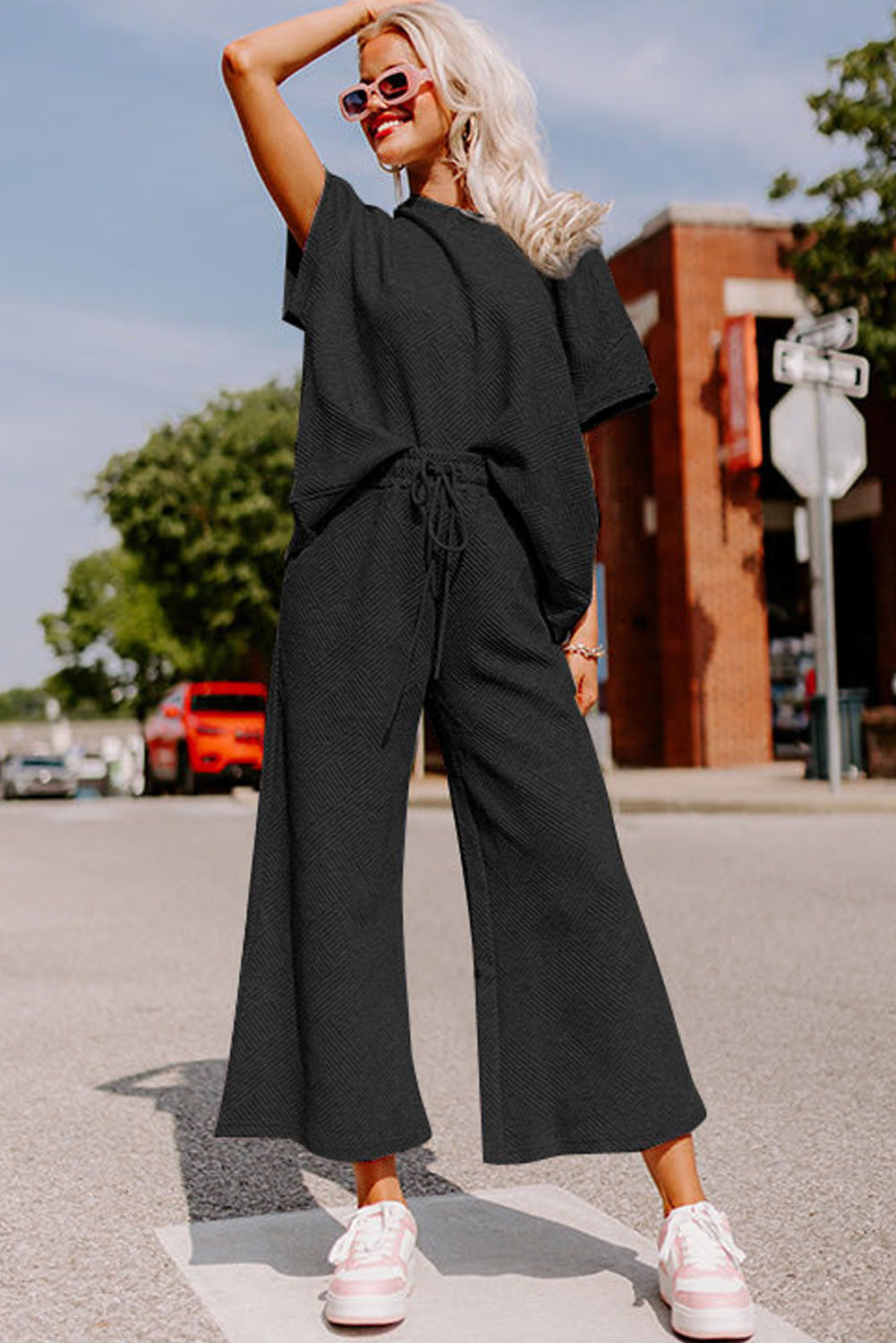 Red Dahlia Textured Loose Fit T Shirt and Drawstring Pants Set